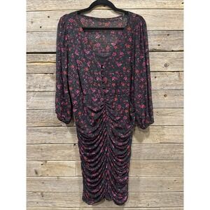 Torrid Women's Black Floral Ruched Mesh Midi Dress Long Sleeve Bodycon Sz 1 Plus